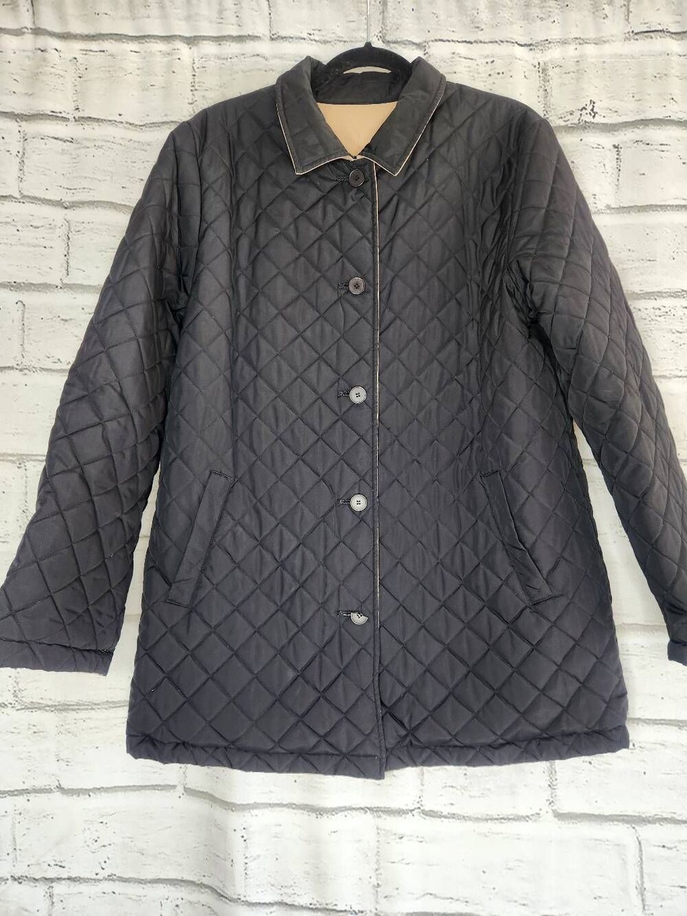 Barneys New York Reversible Black Tan Quilted Diamond Jacket Womens Large